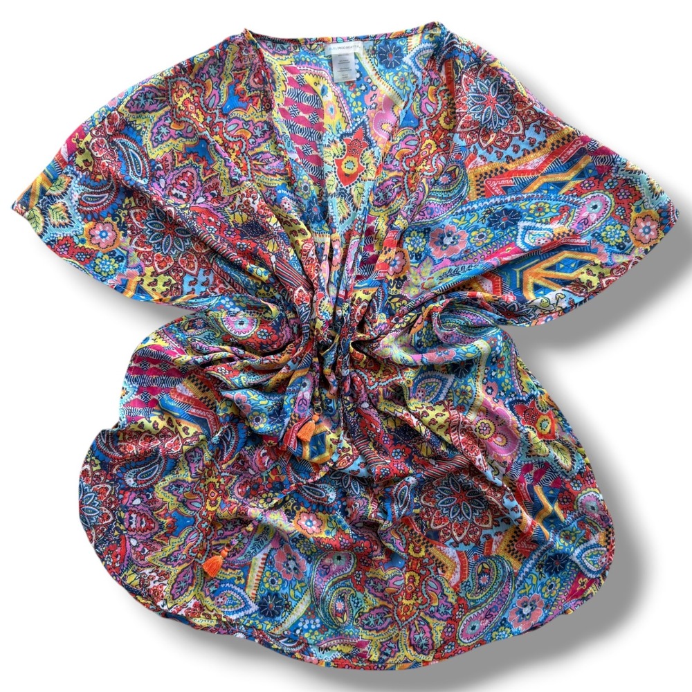Bleu Rod Beattie Women S Multicolor Paisley Swim CoverUp Kaftan Tassel Colorful